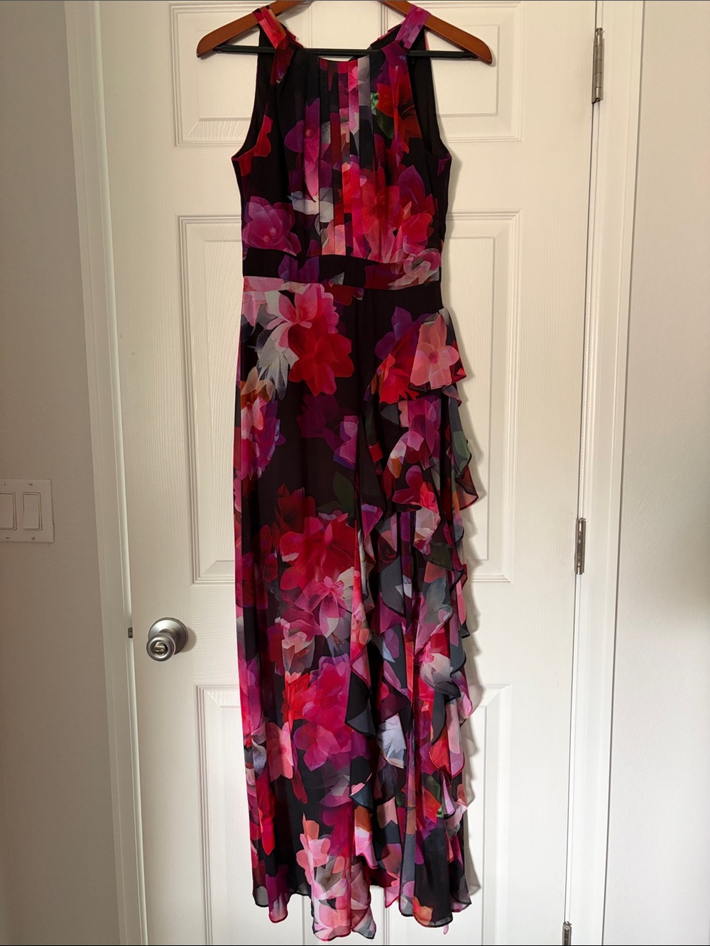 Betsy & Adam Black Cocktail Dress with Pink and Red Floral Ruffle and Slit Left